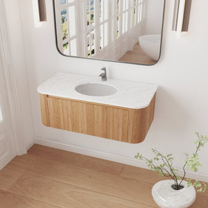 English Elm Arcora Floating Wall Vanity with Carrara Marble Top Ceramic Sink and Soft Close Drawer W3235S00009