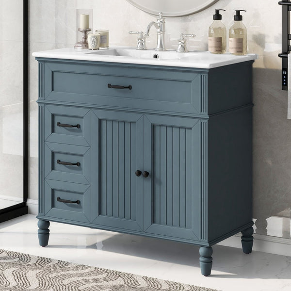 English Elm [video] 36 Inch Freestanding Bathroom Vanity Acacia Wood Legs Ceramic Sink Soft Close Blue Gray N759S340019C