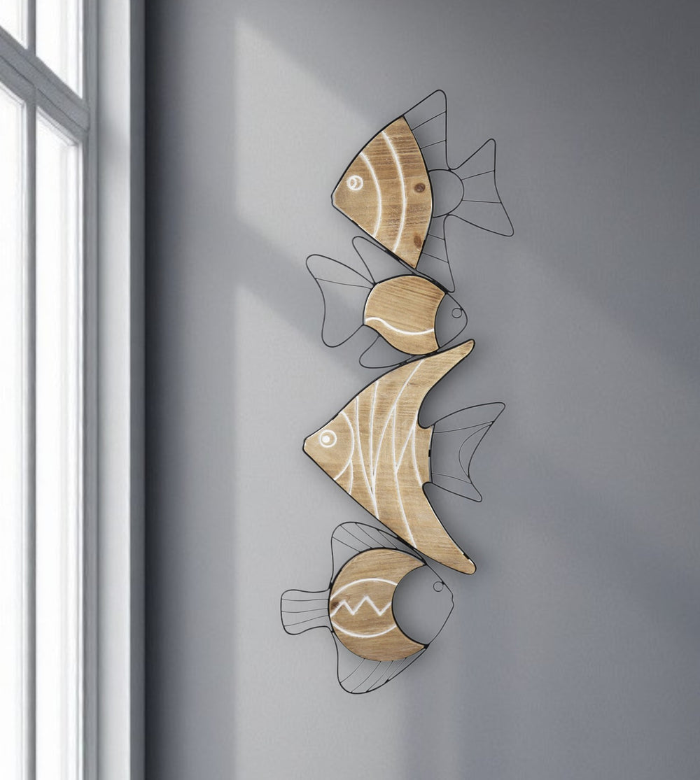 Homeroots 34" Stunning Natural And Black Fish Wood & Metal Wall Art Sculpture For Tropical Home Decor  Wood,Metal 376584