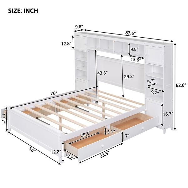 English Elm Full Platform Bed with Headboard Shelving Cabinets and Under Drawer Storage Unit White LP000342AAK-1