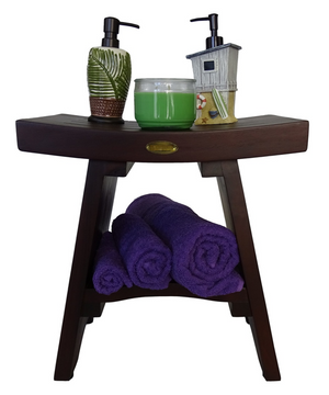 Homeroots Compact Curviliniear Teak Shower Outdoor Bench With Shelf In Brown Finish  Wood 376662