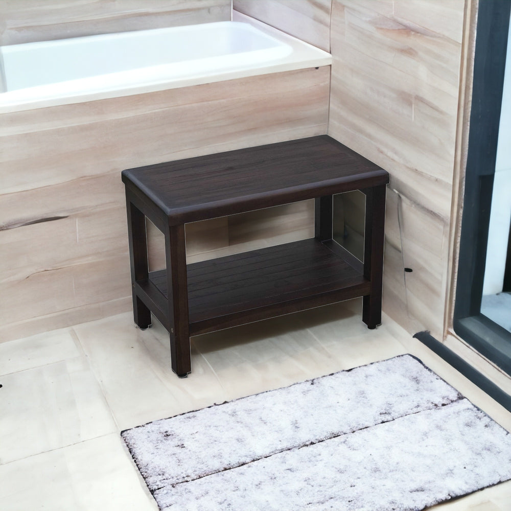 Homeroots Rectangular Teak Shower Bench With Shelf In Brown Finish  Wood 376667