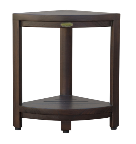 Homeroots Compact Triangular Teak Shower Outdoor Bench With Shelf In Brown Finish  Wood 376677