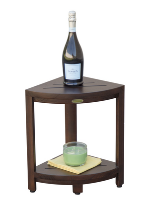 Homeroots Compact Triangular Teak Shower Outdoor Bench With Shelf In Brown Finish  Wood 376677