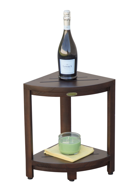 Homeroots Compact Triangular Teak Shower Outdoor Bench With Shelf In Brown Finish  Wood 376677