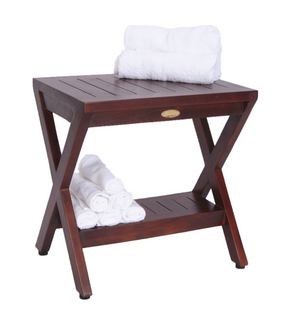 Homeroots Compact X Shape Teak Shower Outdoor Bench With Shelf In Brown Finish  Wood 376688
