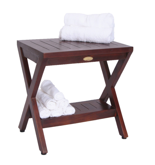 Homeroots Compact X Shape Teak Shower Outdoor Bench With Shelf In Brown Finish  Wood 376688