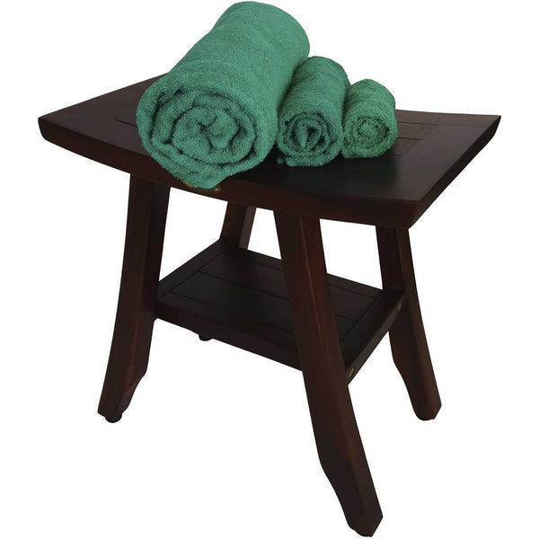 Homeroots Compact Curvilinear Teak Shower Or Outdoor Bench With Shelf In Brown Finish  Wood 376695