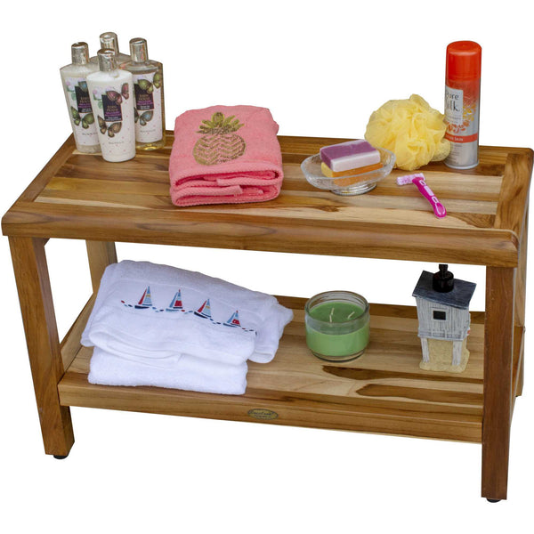 Homeroots Rectangular Teak Shower Bench With Shelf In Natural Finish  Wood 376698