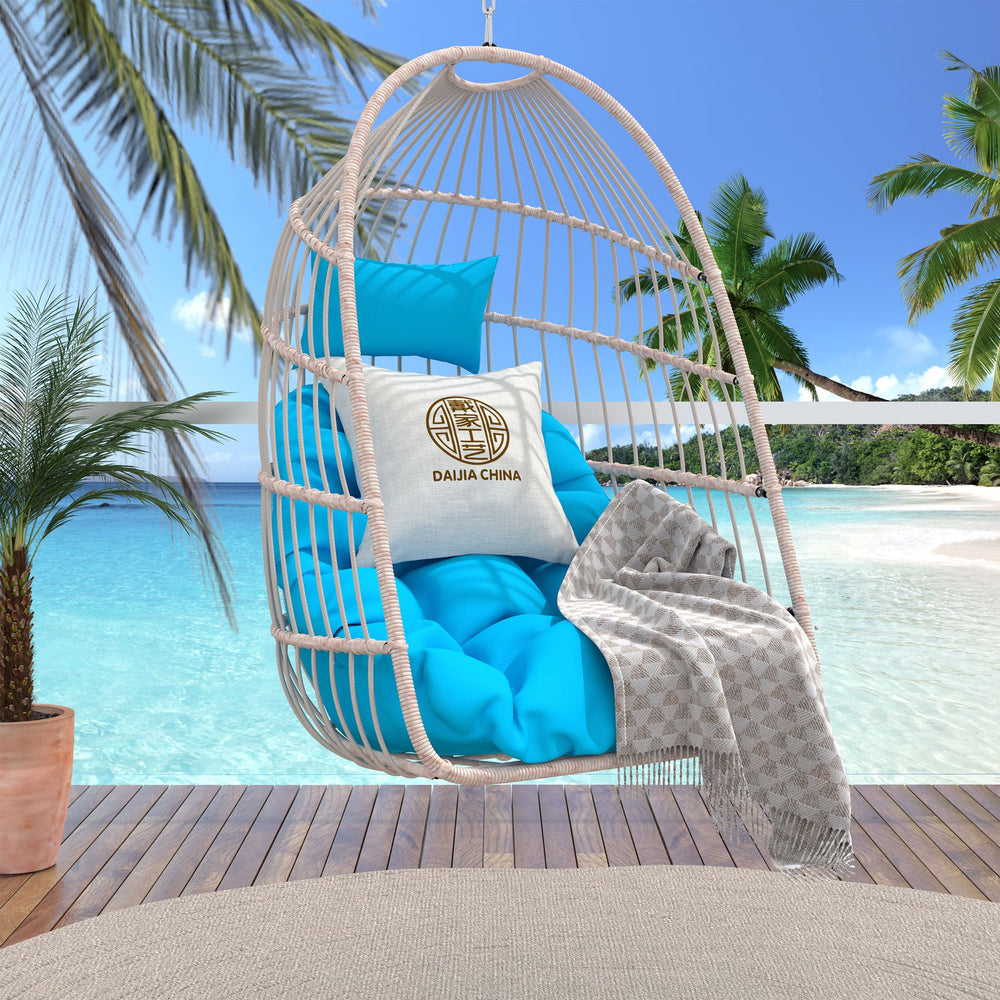 English Elm Outdoor Blue Rattan Egg Swing Chair - Weather-Resistant, Comfortable, Foldable & Easy To Install W2500P364241