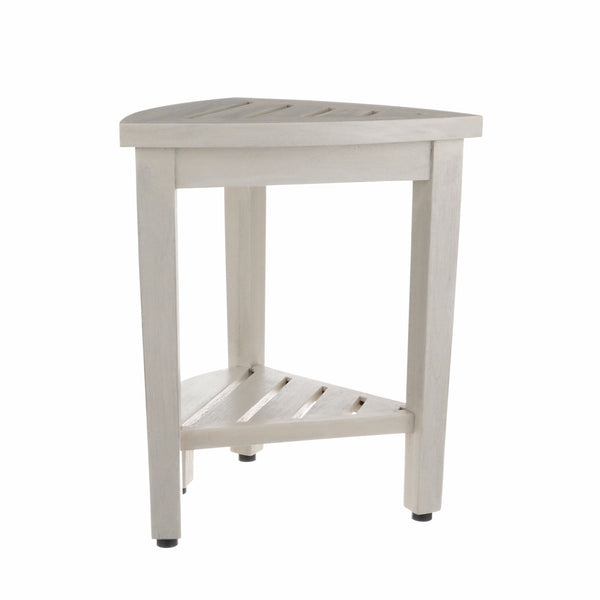 Homeroots Compact Teak Corner Shower Stool With Shelf In Whitewash Finish  Wood 376706