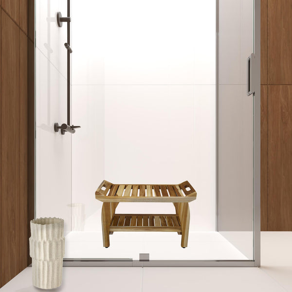 Homeroots 29" Teak Rectangular Shower Outdoor Bench With Handles In Natural Finish  Wood 376722