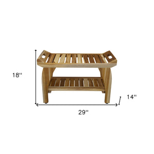 Homeroots 29" Teak Rectangular Shower Outdoor Bench With Handles In Natural Finish  Wood 376722