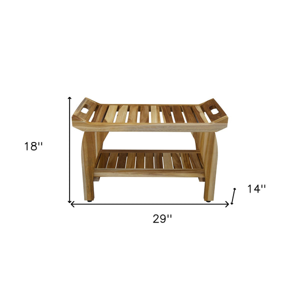 Homeroots 29" Teak Rectangular Shower Outdoor Bench With Handles In Natural Finish  Wood 376722