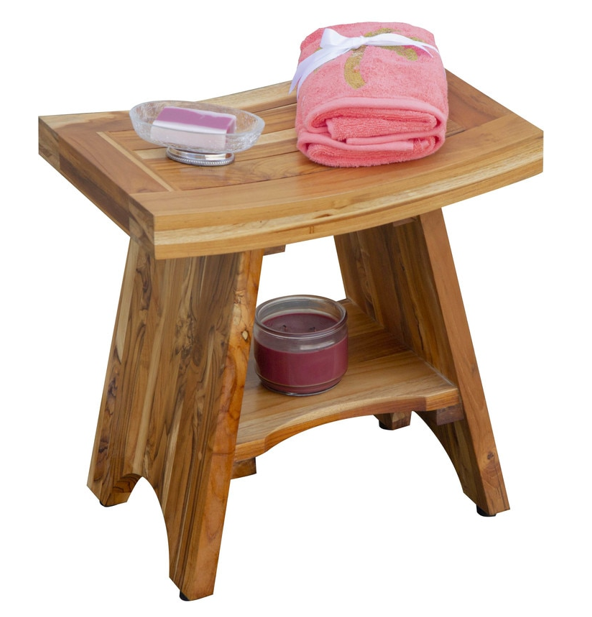 Homeroots Compact Curvilinear Teak Shower Outdoor Bench With Shelf In Natural Finish  Wood 376725