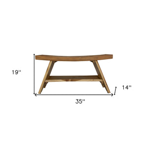 Homeroots 35" Teak Rectangular Shower Outdoor Bench With Shelf In Natural Finish  Wood 376730