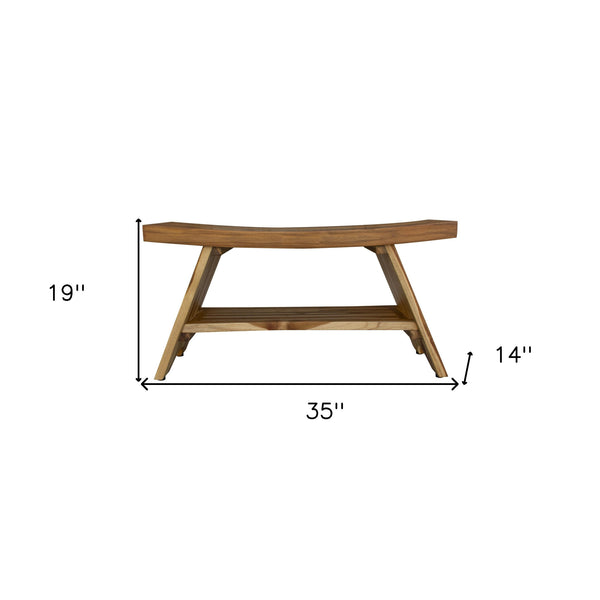 Homeroots 35" Teak Rectangular Shower Outdoor Bench With Shelf In Natural Finish  Wood 376730