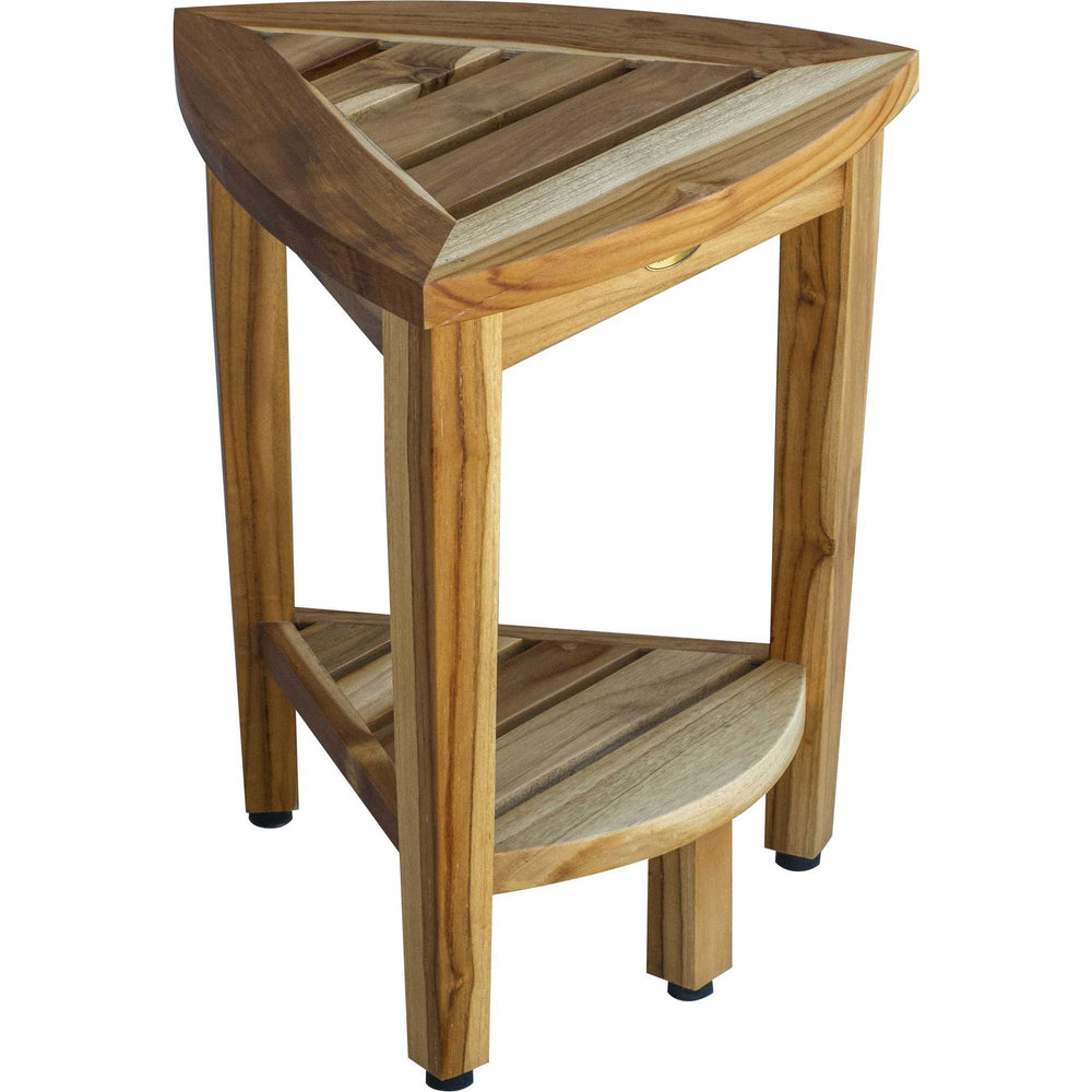 Homeroots Compact Teak Corner Shower Or Outdoor Bench With Shelf In Natural Finish  Wood 376733