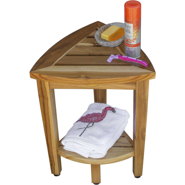 Homeroots Compact Teak Corner Shower Or Outdoor Bench With Shelf In Natural Finish  Wood 376733