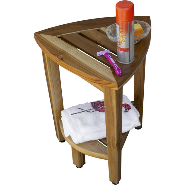 Homeroots Compact Teak Corner Shower Or Outdoor Bench With Shelf In Natural Finish  Wood 376733