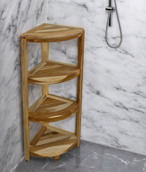 38 Inch Solid Teak Freestanding Corner Shelf Unit for Bathroom or Living Room