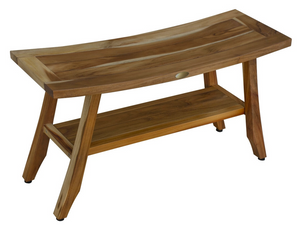 Homeroots Compact Curvilinear Teak Shower Outdoor Bench With Shelf In Natural Finish  Wood 376739