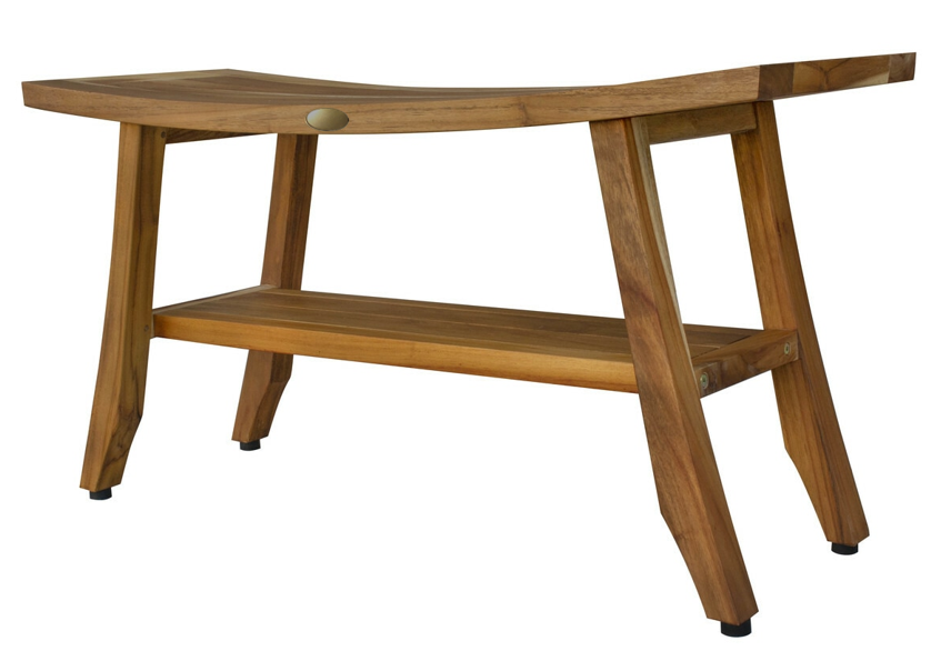 Homeroots Compact Curvilinear Teak Shower Outdoor Bench With Shelf In Natural Finish  Wood 376739