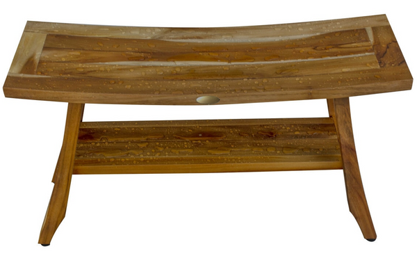 Homeroots Compact Curvilinear Teak Shower Outdoor Bench With Shelf In Natural Finish  Wood 376739