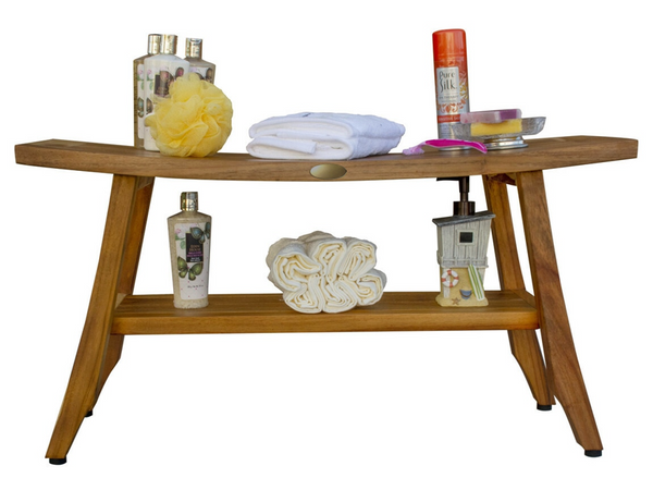 Homeroots Compact Curvilinear Teak Shower Outdoor Bench With Shelf In Natural Finish  Wood 376739