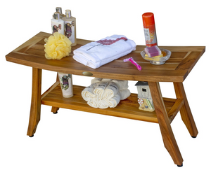 Homeroots Compact Curvilinear Teak Shower Outdoor Bench With Shelf In Natural Finish  Wood 376739