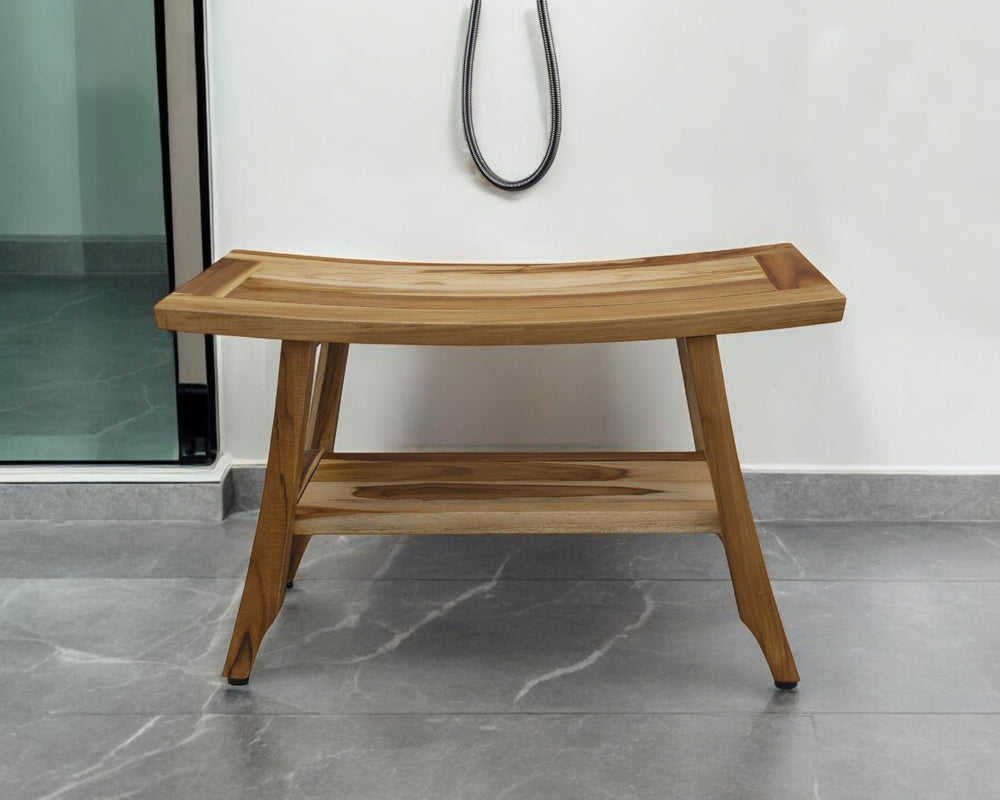 Homeroots Contemporary Teak Shower Bench With Shelf In Natural Finish  Wood 376740
