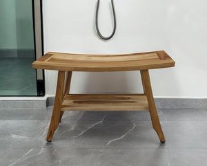 Homeroots Contemporary Teak Shower Bench With Shelf In Natural Finish  Wood 376740