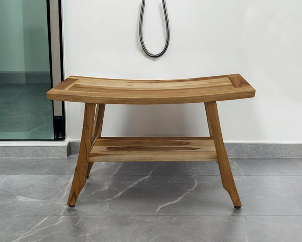Homeroots Contemporary Teak Shower Bench With Shelf In Natural Finish  Wood 376740