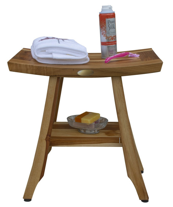 Homeroots Compact Rectangular Teak Shower Outdoor Bench With Shelf In Natural Finish  Wood 376744