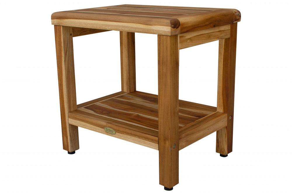 Homeroots 18" Contemporary Teak Shower Stool Or Bench With Shelf In Natural Finish  Wood 376749