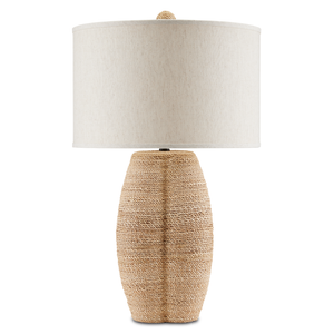 Karnak Table Lamp: Artisan-Crafted Quatrefoil Design in Terracotta & Abaca Rope, Natural Linen Shade