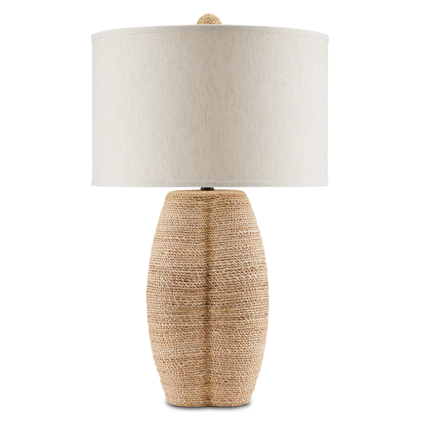 Karnak Table Lamp: Artisan-Crafted Quatrefoil Design in Terracotta & Abaca Rope, Natural Linen Shade