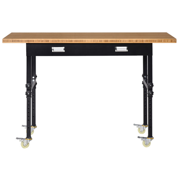 English Elm HOMCOM 59" Work Bench with Bamboo Top, Height Adjustable 10-Setting Mobile Workstation 1320lb W2225P217940