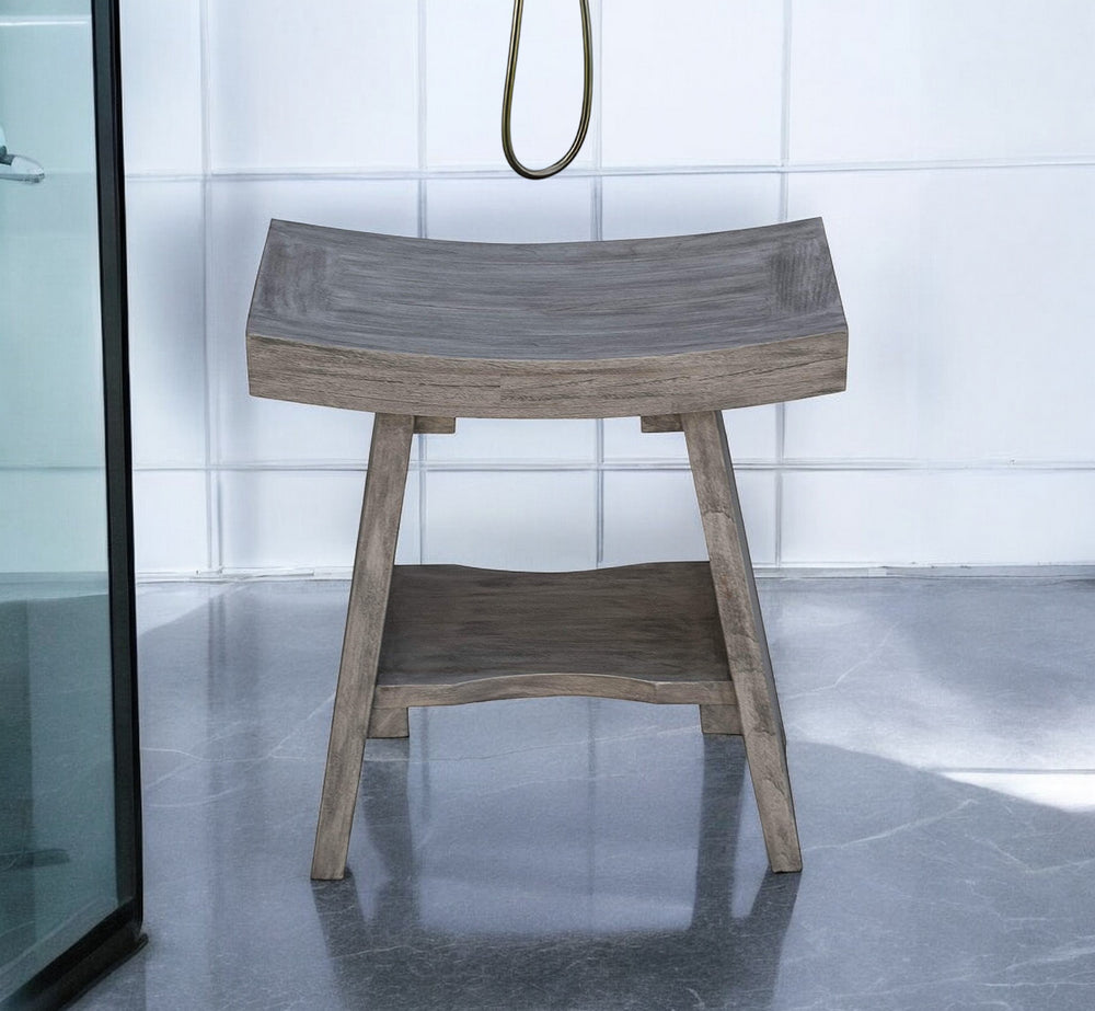 Homeroots 18" Gray Solid Wood Rectangular Shower Bench With Shelf  Solid Wood 376753