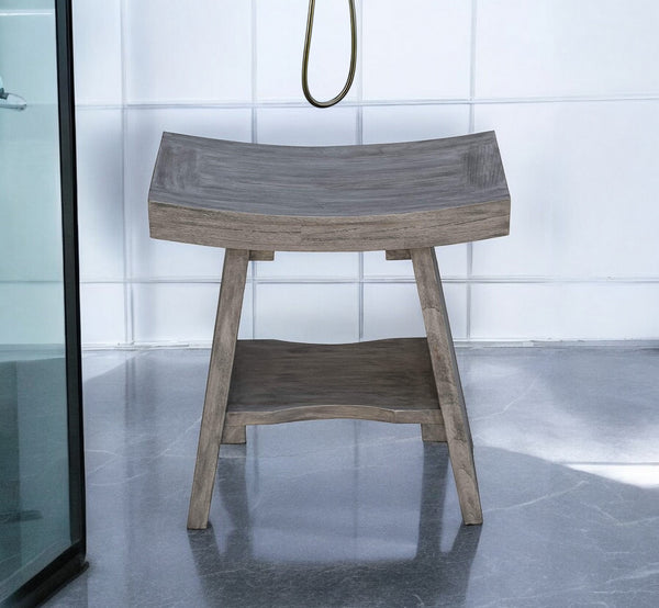 Homeroots 18" Gray Solid Wood Rectangular Shower Bench With Shelf  Solid Wood 376753