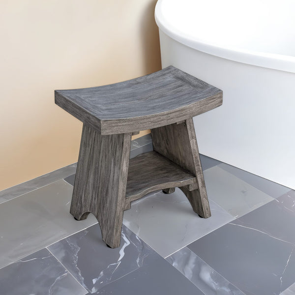 Homeroots 18" Gray Solid Wood Rectangular Shower Bench With Shelf  Solid Wood 376753