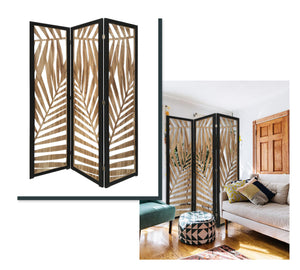 Homeroots 3 Panel Room Divider With Tropical Leaf Design  Paulownia Wood 376792