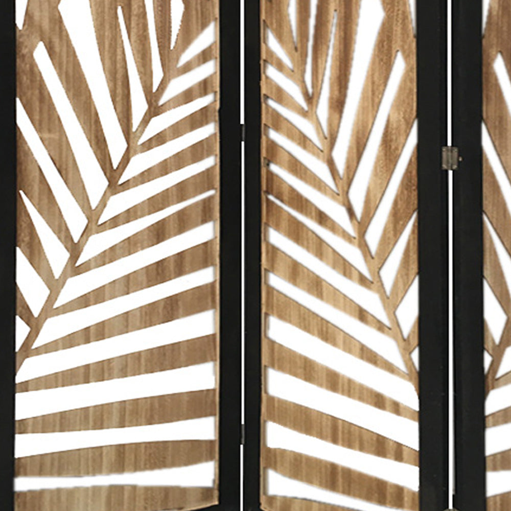 Homeroots 3 Panel Room Divider With Tropical Leaf Design  Paulownia Wood 376792