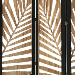 Homeroots 3 Panel Room Divider With Tropical Leaf Design  Paulownia Wood 376792