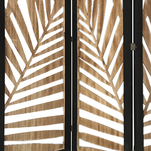 Homeroots 3 Panel Room Divider With Tropical Leaf Design  Paulownia Wood 376792