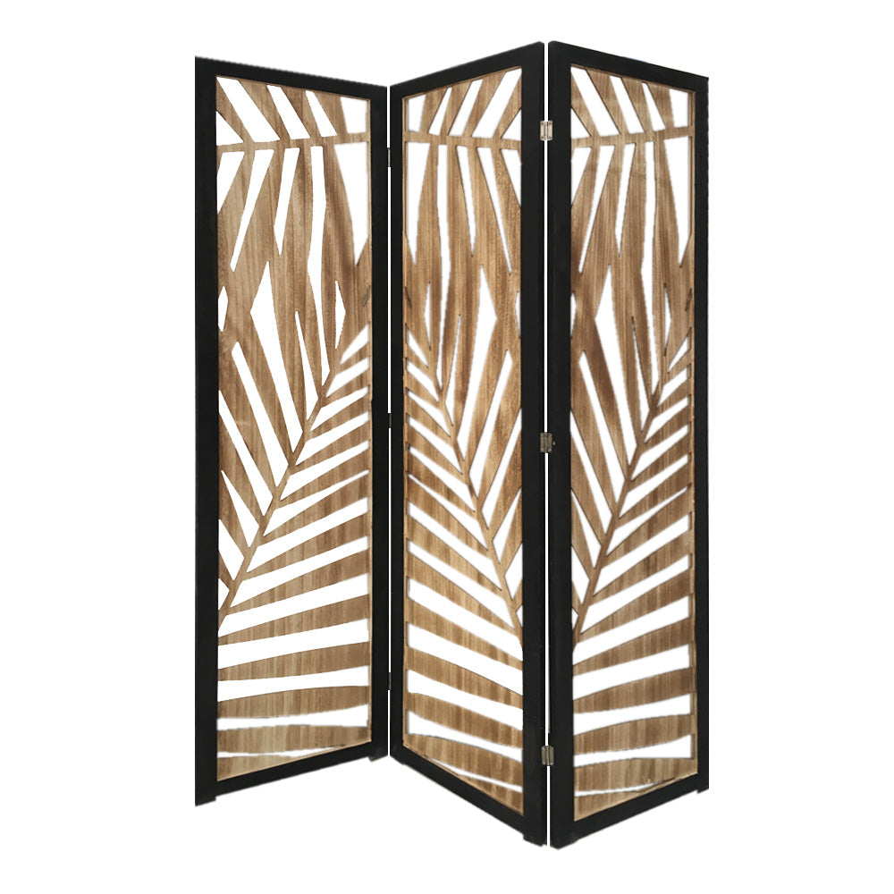 Homeroots 3 Panel Room Divider With Tropical Leaf Design  Paulownia Wood 376792