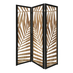 Homeroots 3 Panel Room Divider With Tropical Leaf Design  Paulownia Wood 376792