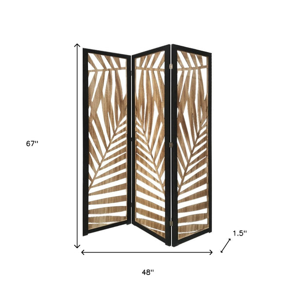 Homeroots 3 Panel Room Divider With Tropical Leaf Design  Paulownia Wood 376792
