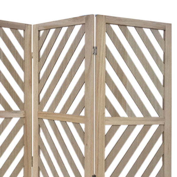 Homeroots 67" Brown Solid Woodfolding Three Panel Screen Room Divider  Paulownia Wood 376796