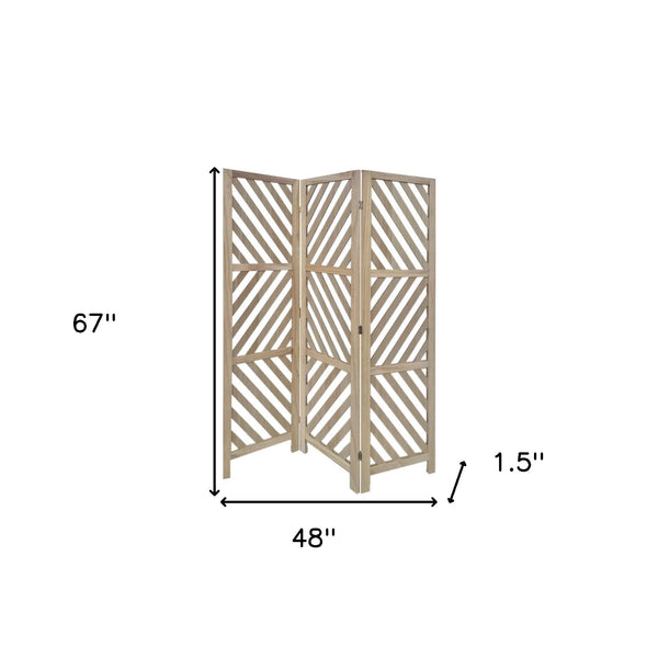 Homeroots 67" Brown Solid Woodfolding Three Panel Screen Room Divider  Paulownia Wood 376796
